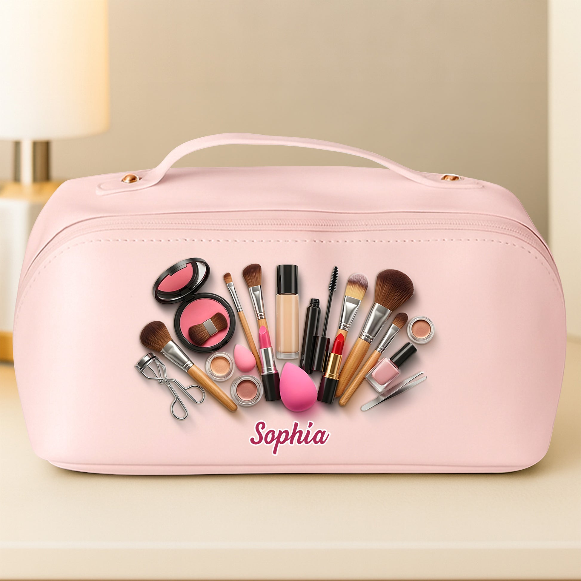 Sophia With Makeup Tools, Lipstick, And Brushes