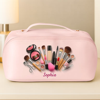 Sophia With Makeup Tools, Lipstick, And Brushes