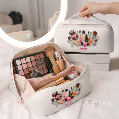 Sophia With Makeup Tools, Lipstick, And Brushes