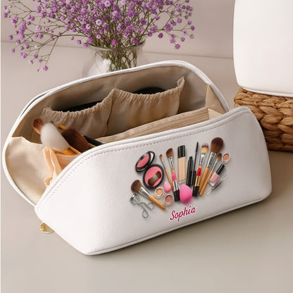 Sophia With Makeup Tools, Lipstick, And Brushes