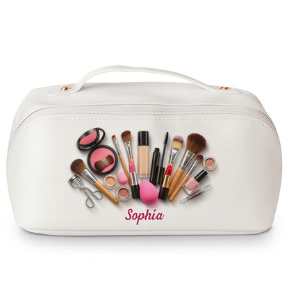 Sophia With Makeup Tools, Lipstick, And Brushes