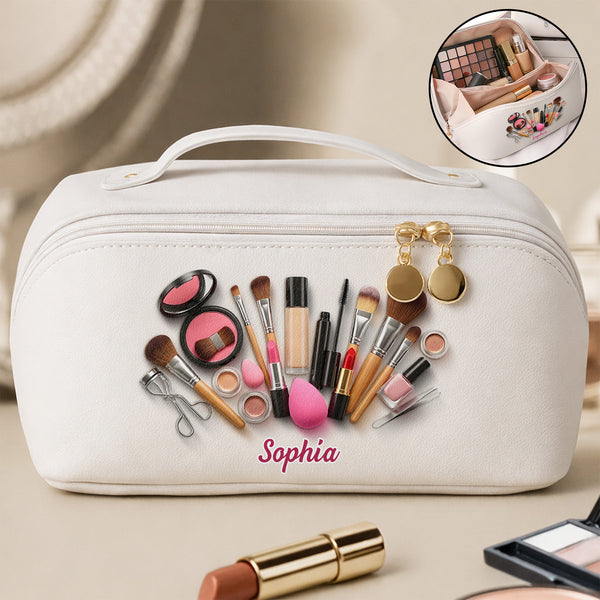 Sophia With Makeup Tools, Lipstick, And Brushes - Personalized Leather Makeup Bag - HOB006_LMBAG