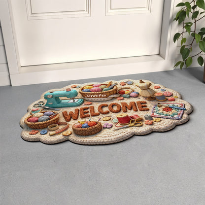 Welcome Craft Lovers Doormat Featuring Sewing And Knitting Tools