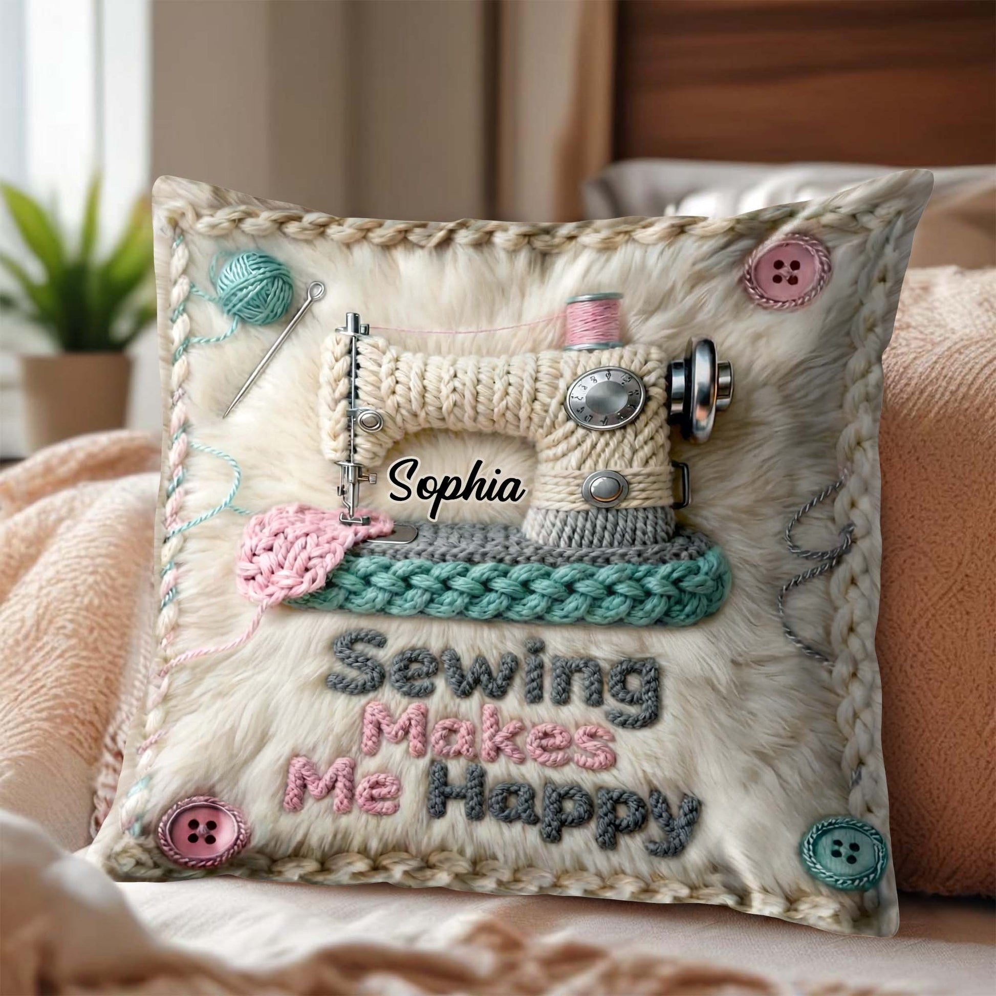 Sewing Makes Me Happy Pillow With Yarn And Buttons