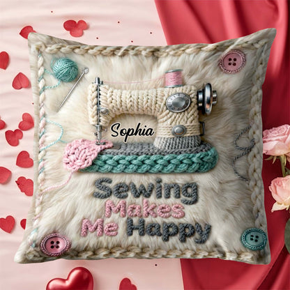 Sewing Makes Me Happy Pillow With Yarn And Buttons