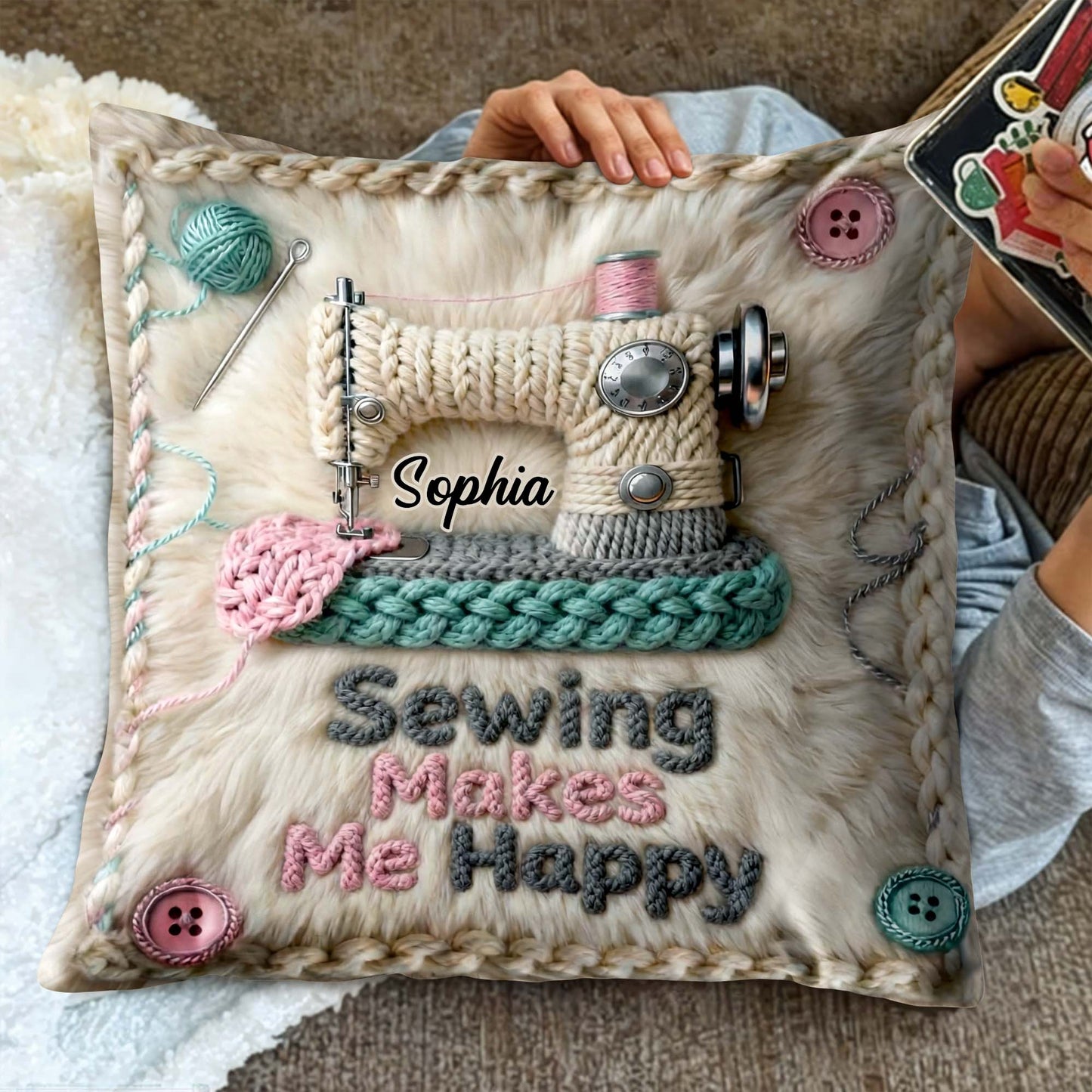 Sewing Makes Me Happy Pillow With Yarn And Buttons