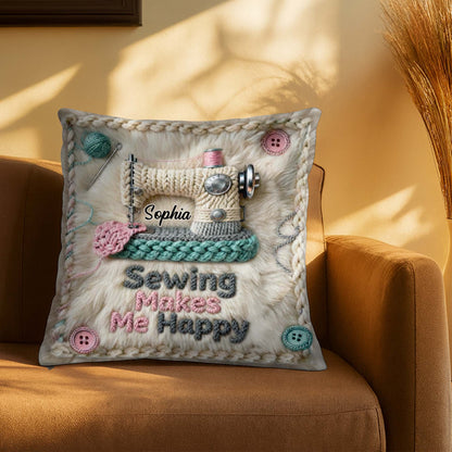 Sewing Makes Me Happy Pillow With Yarn And Buttons