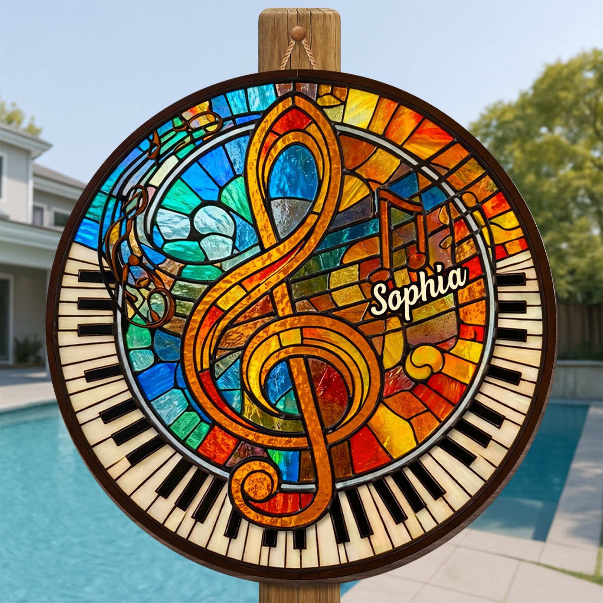 Music and Harmony Stained Glass With Piano and Notes