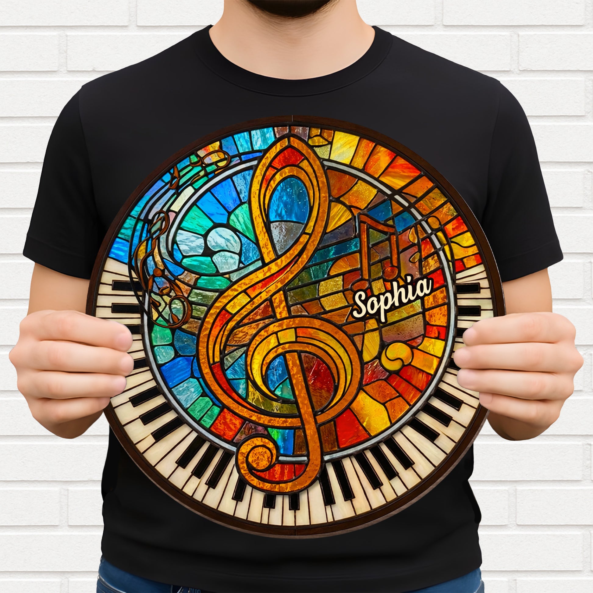 Music and Harmony Stained Glass With Piano and Notes