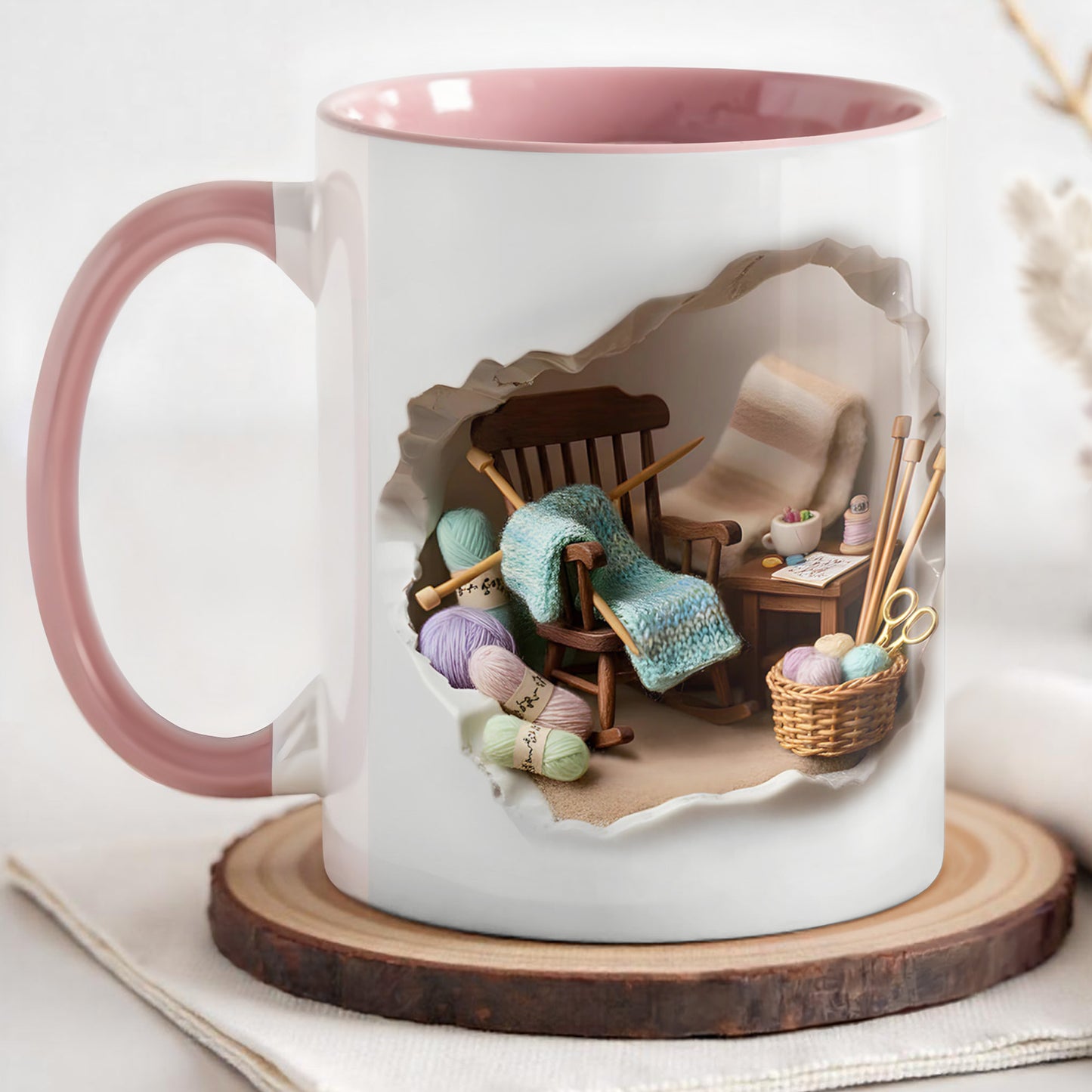 Cozy Knitting Corner Mug With Yarn And Rocking Chair