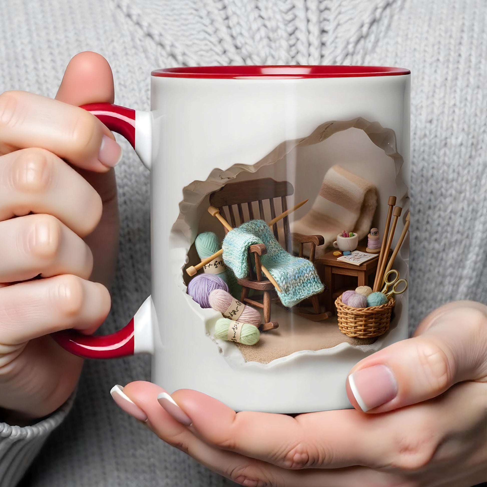 Cozy Knitting Corner Mug With Yarn And Rocking Chair