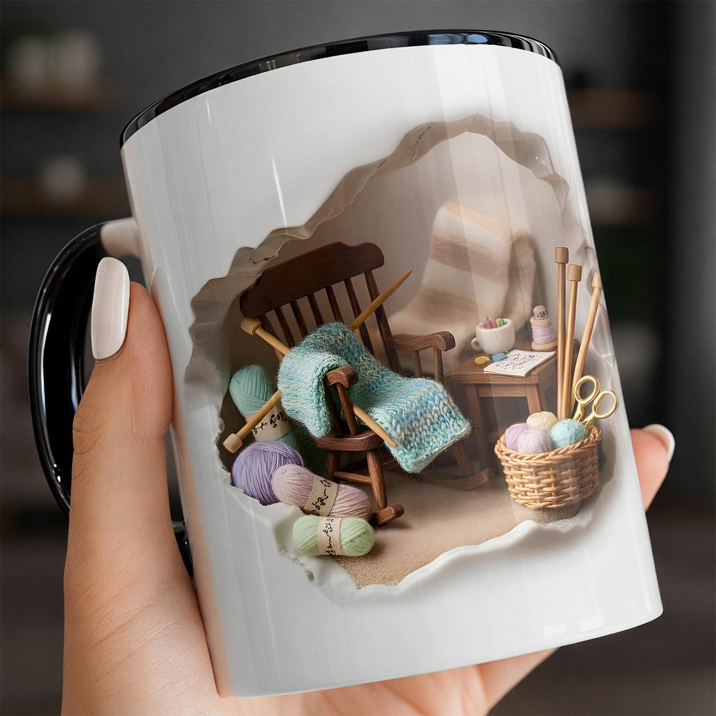 Cozy Knitting Corner Mug With Yarn And Rocking Chair