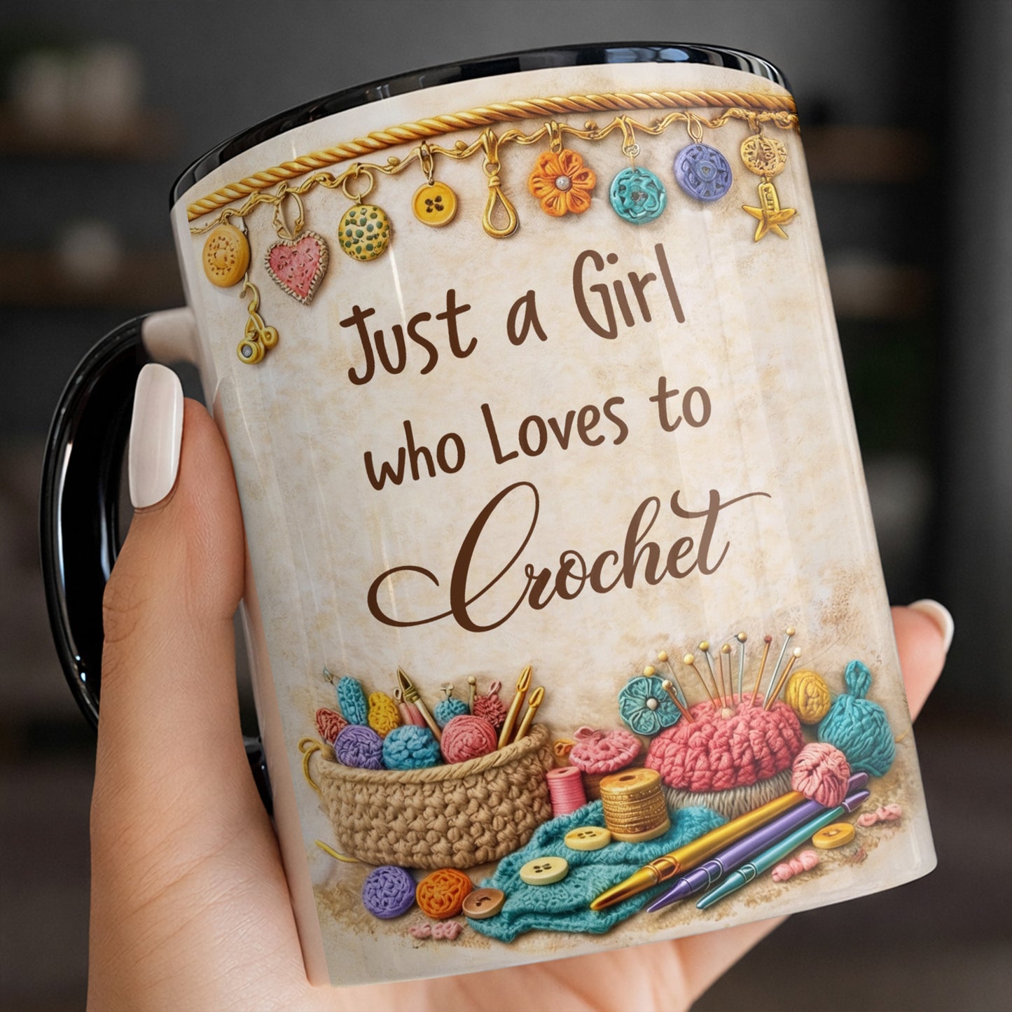 Just A Girl Who Loves To Crochet With Colorful Yarns And Buttons