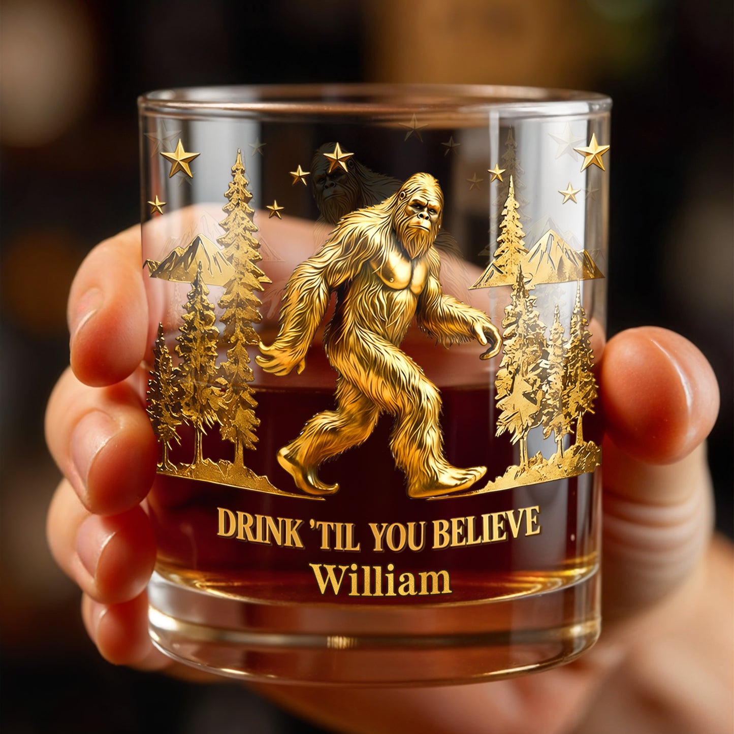 Drink Till You Believe With Bigfoot And Trees - Personalized Custom Whiskey Glass - HOB067_RWG