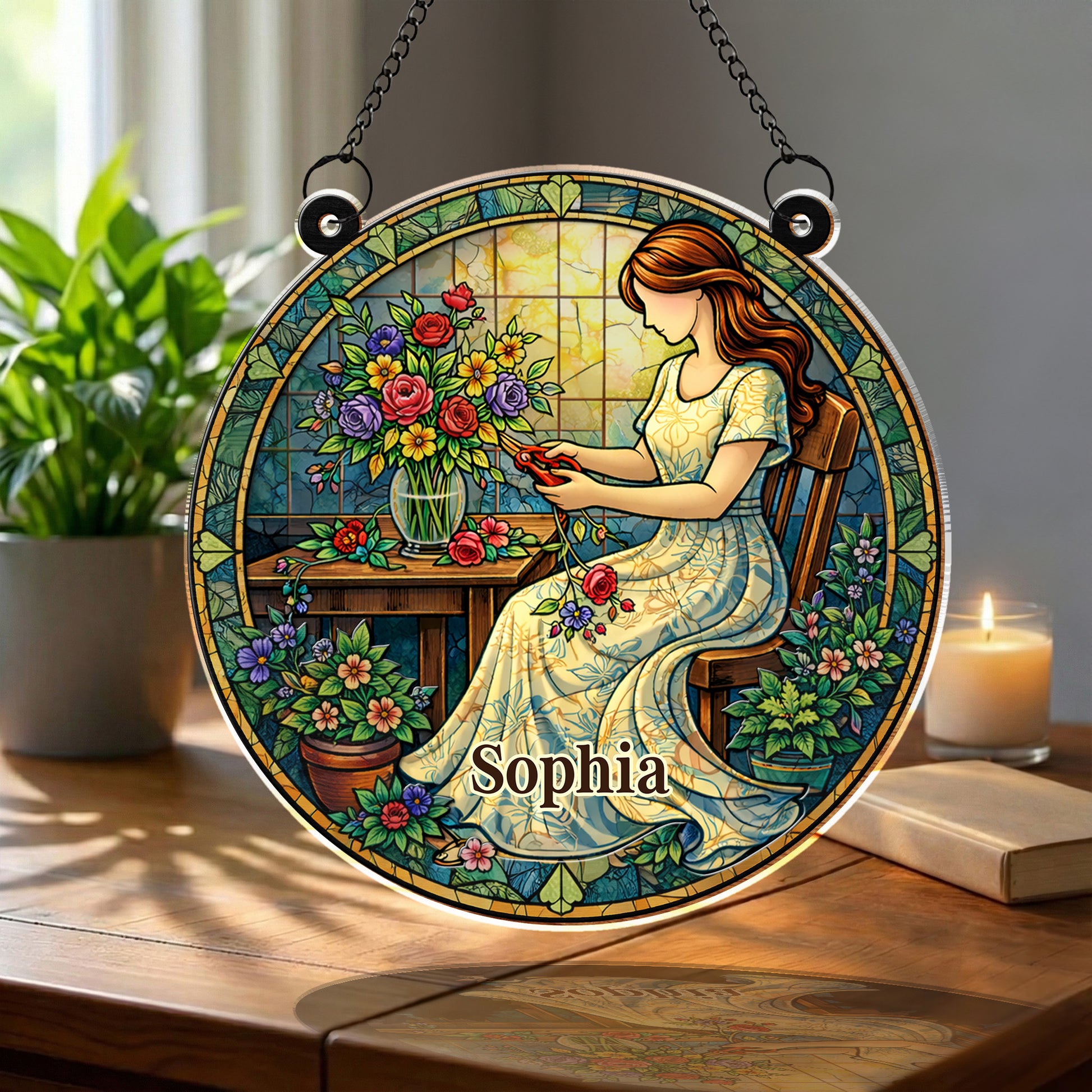 A Woman Arranging Her Beautiful Garden Flowers Stained Glass Art