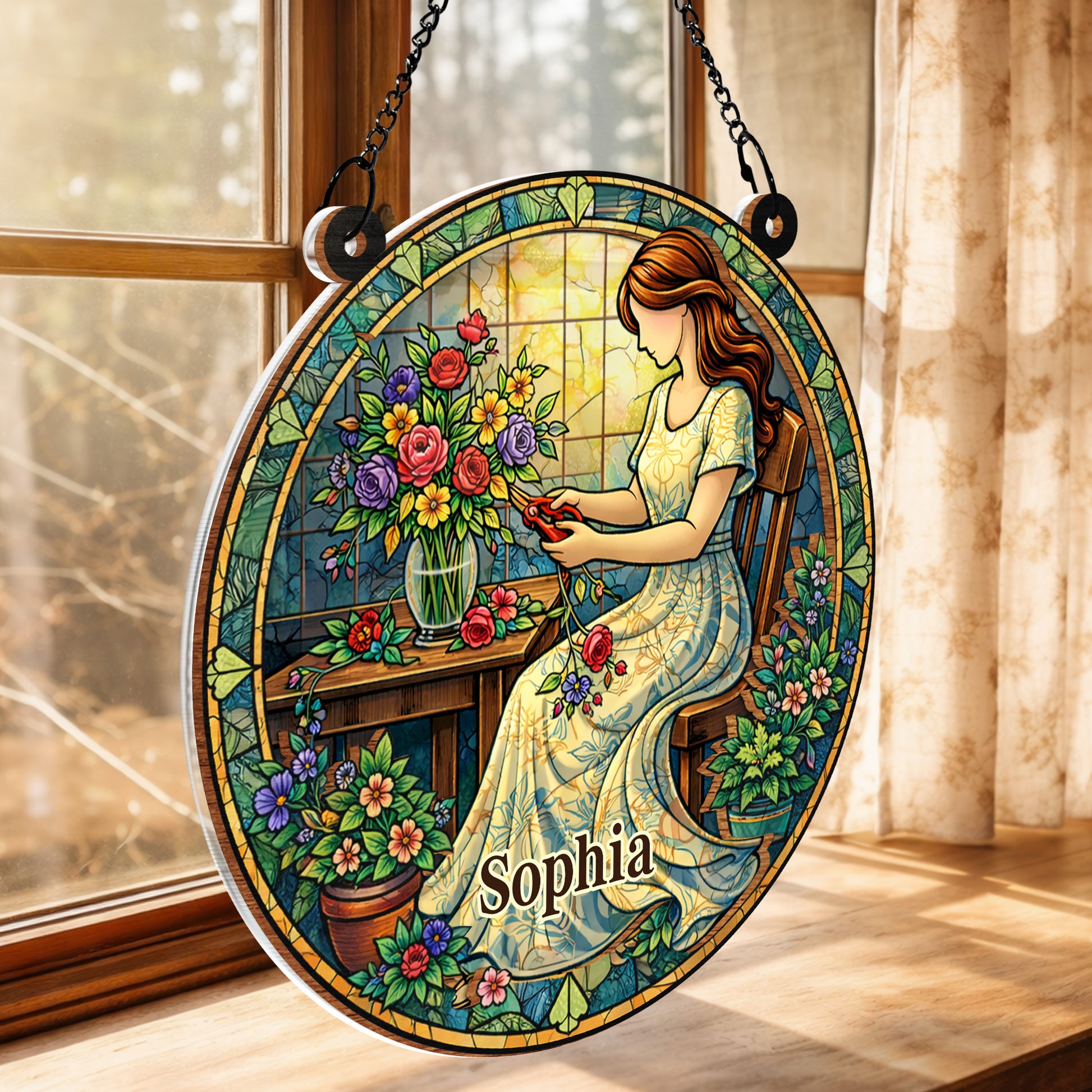 A Woman Arranging Her Beautiful Garden Flowers Stained Glass Art