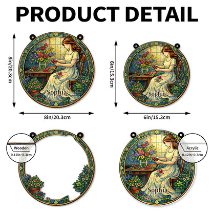 A Woman Arranging Her Beautiful Garden Flowers Stained Glass Art