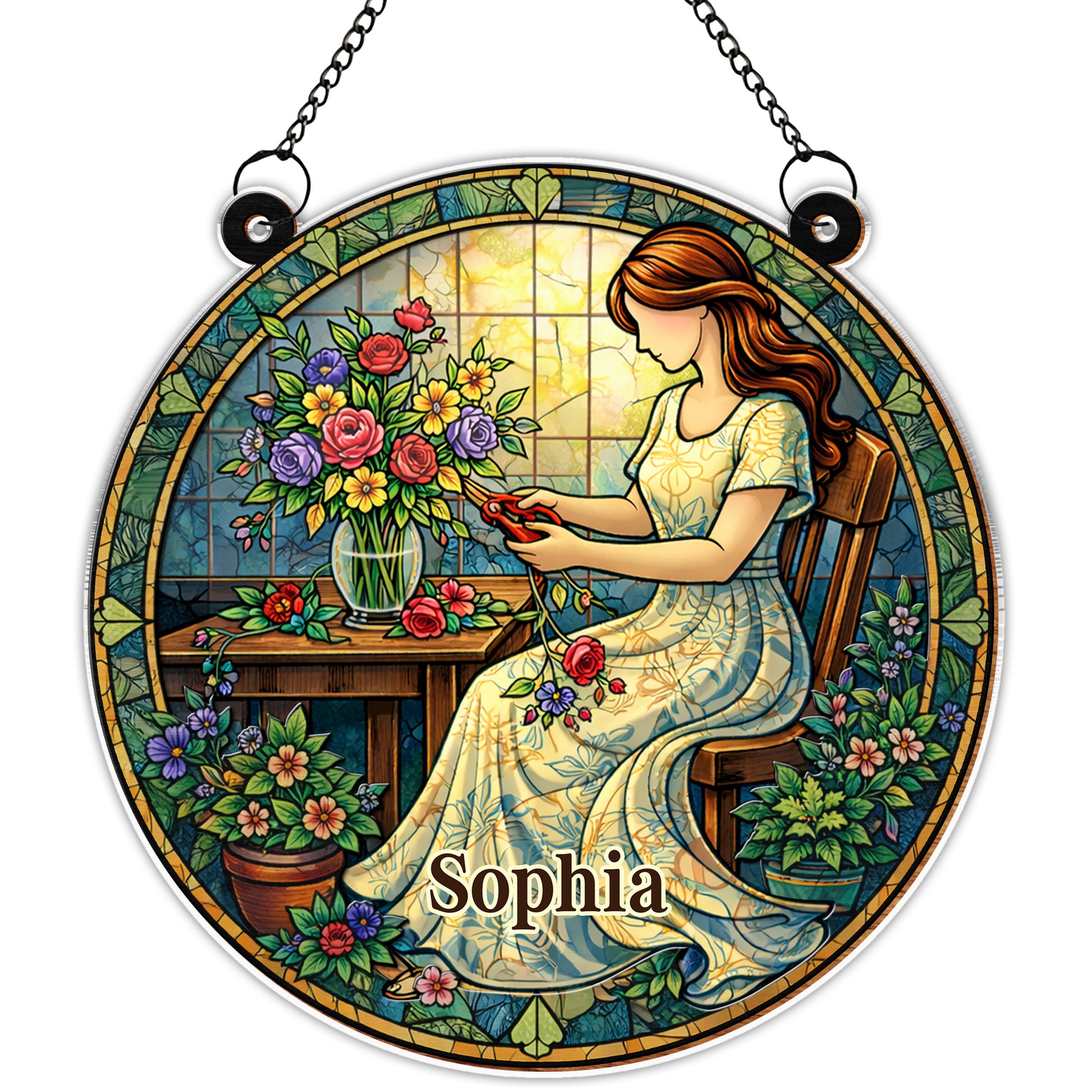 A Woman Arranging Her Beautiful Garden Flowers Stained Glass Art