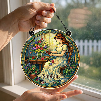 A Woman Arranging Her Beautiful Garden Flowers Stained Glass Art
