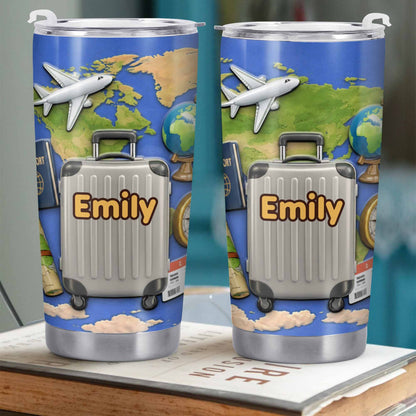 Customizable Stainless Steel Tumbler With Globe And Airplane