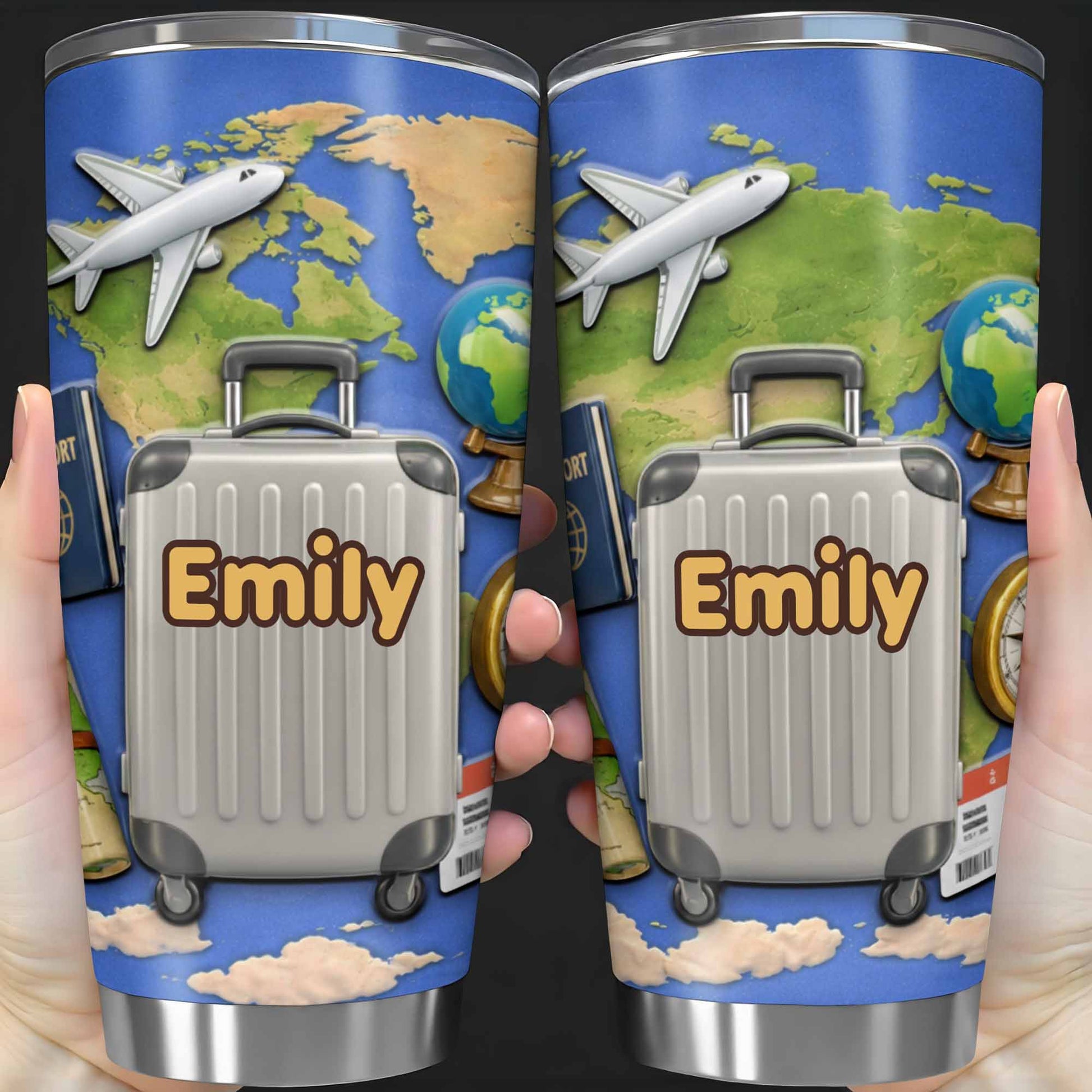 Customizable Stainless Steel Tumbler With Globe And Airplane
