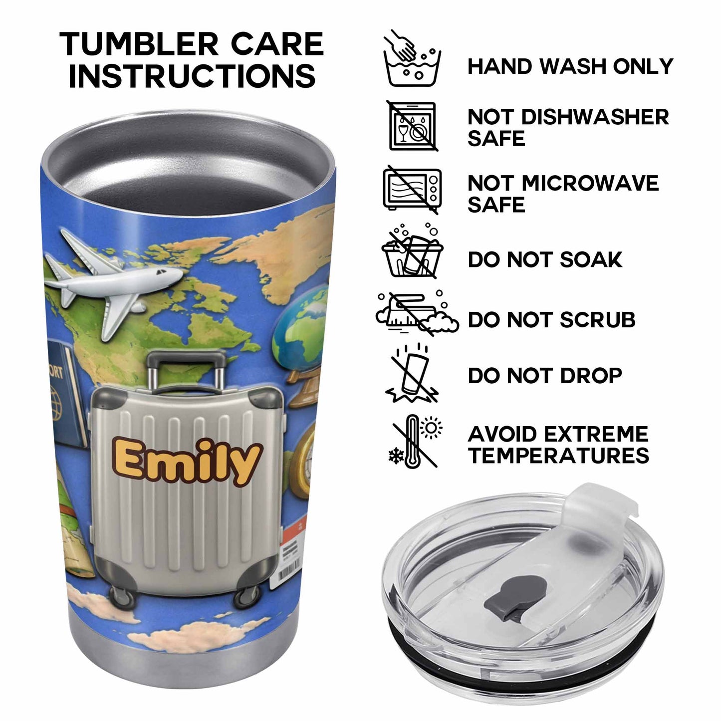 Customizable Stainless Steel Tumbler With Globe And Airplane
