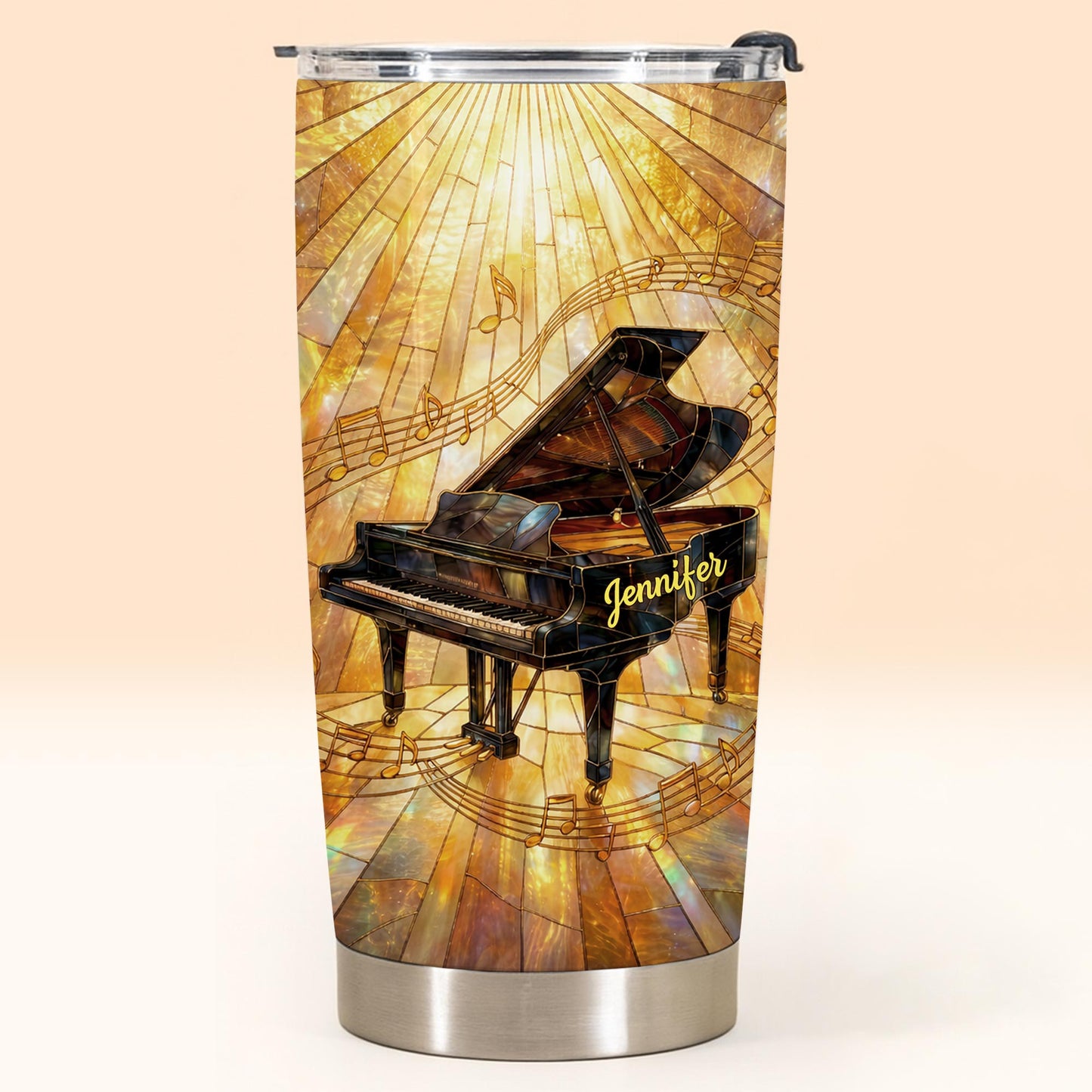 Grand Piano Surrounded By A Symphony Of Musical Notes And Light