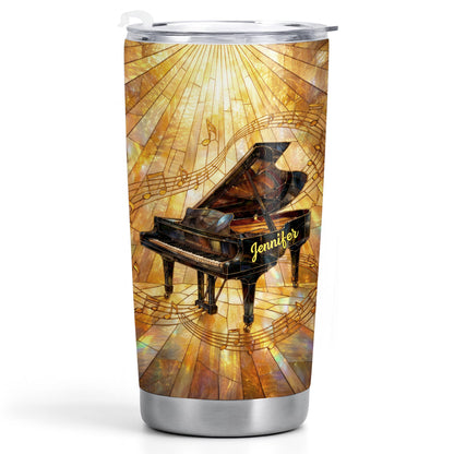 Grand Piano Surrounded By A Symphony Of Musical Notes And Light