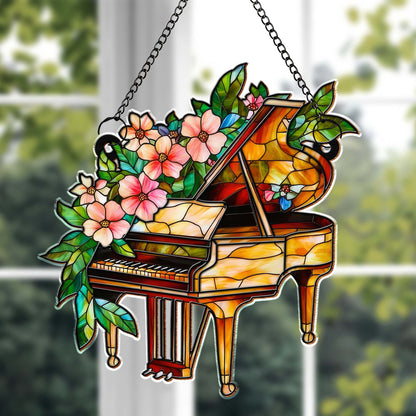 Music Is The Harmony Of The Soul Stained Glass Piano And Flowers