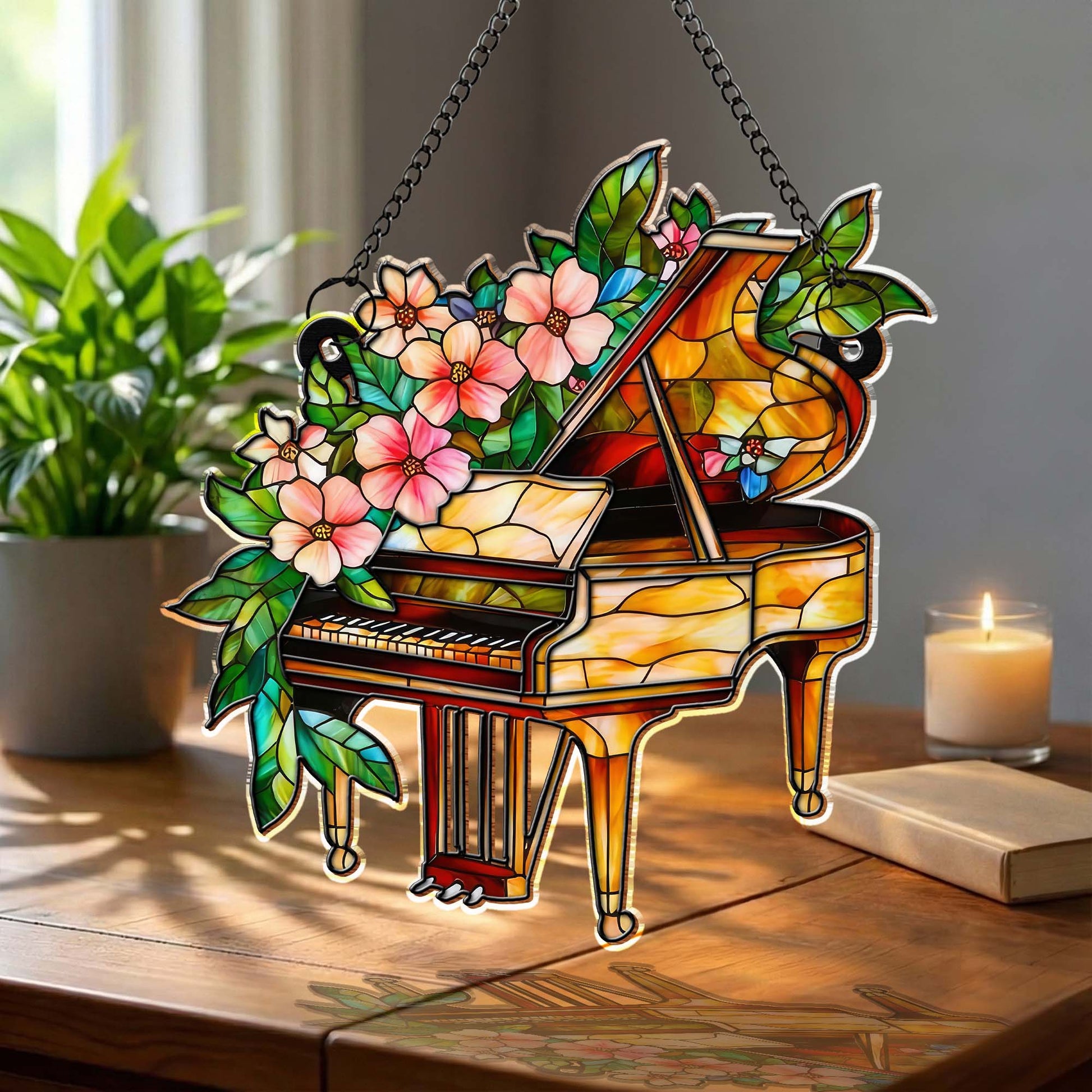 Music Is The Harmony Of The Soul Stained Glass Piano And Flowers
