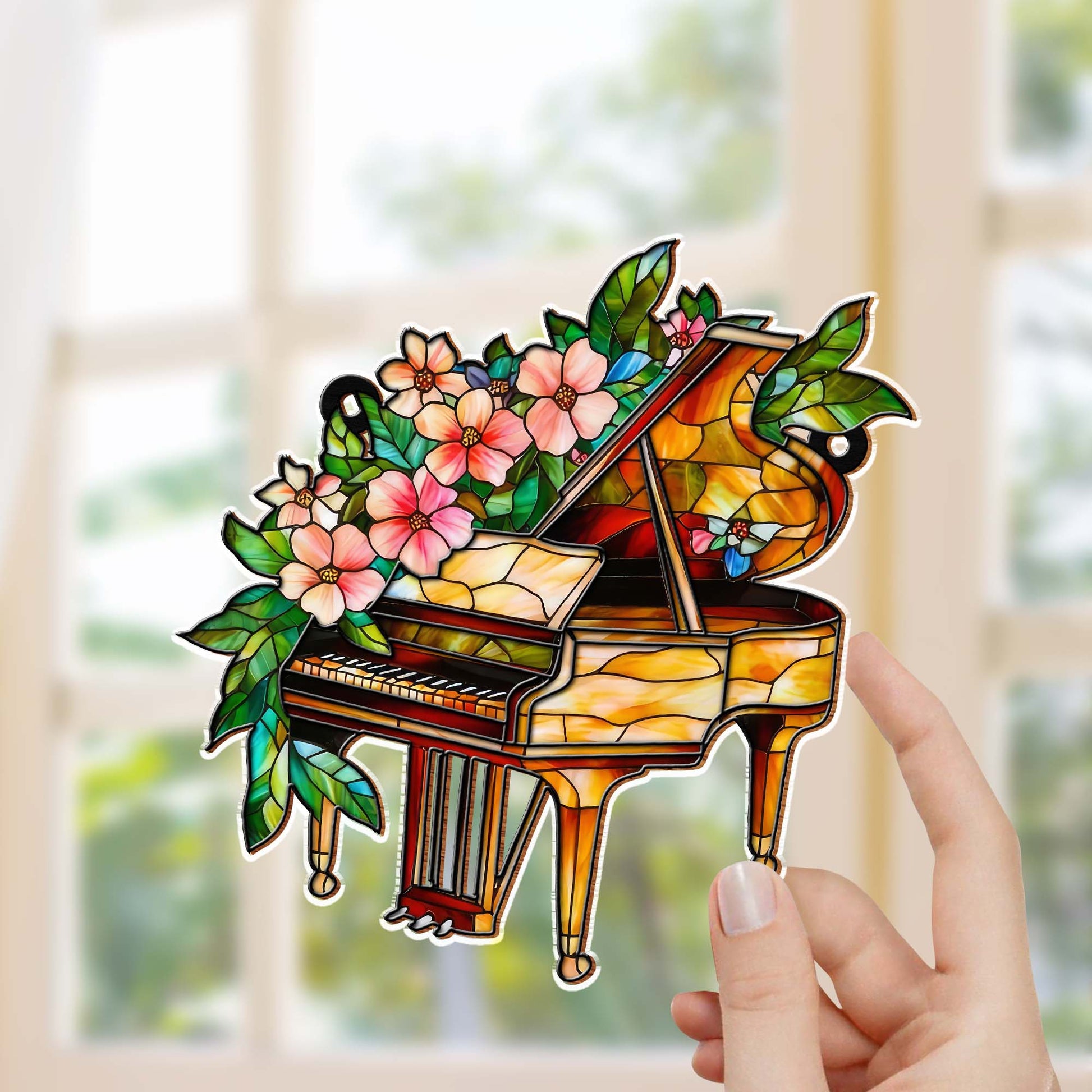 Music Is The Harmony Of The Soul Stained Glass Piano And Flowers