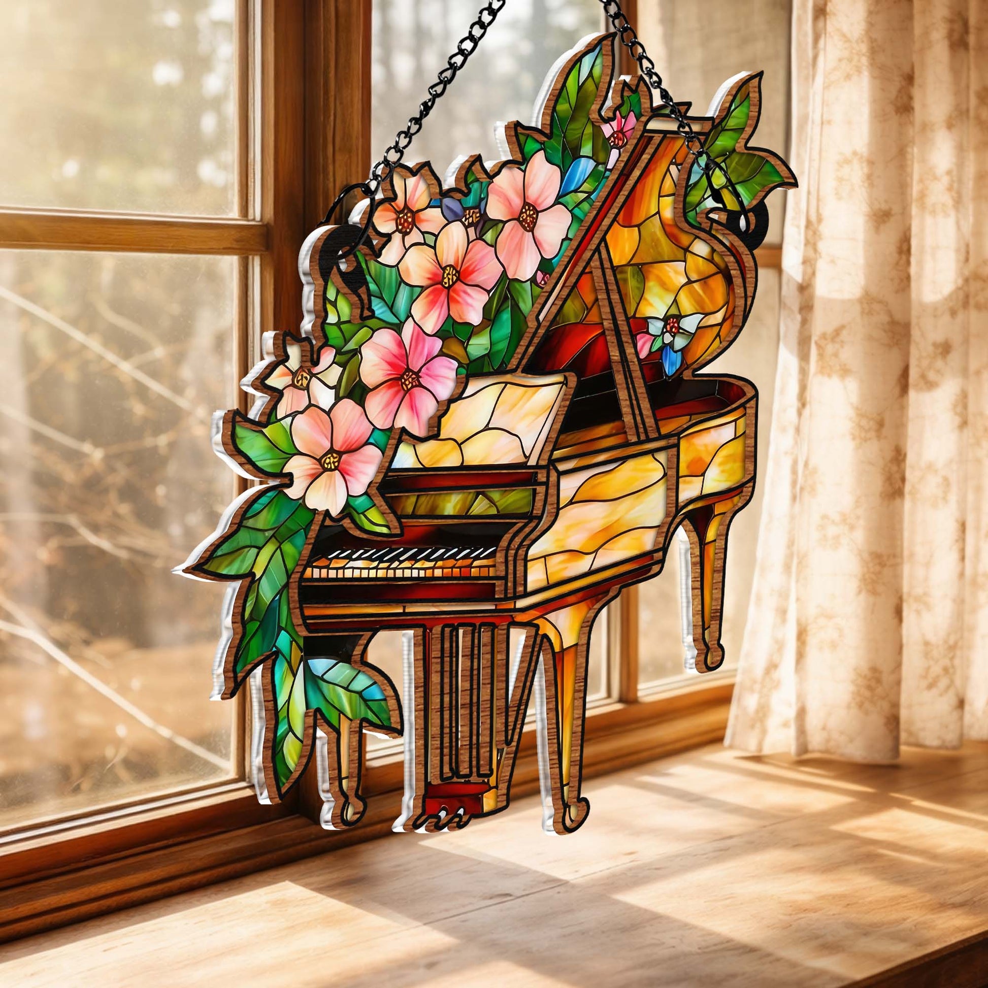 Music Is The Harmony Of The Soul Stained Glass Piano And Flowers