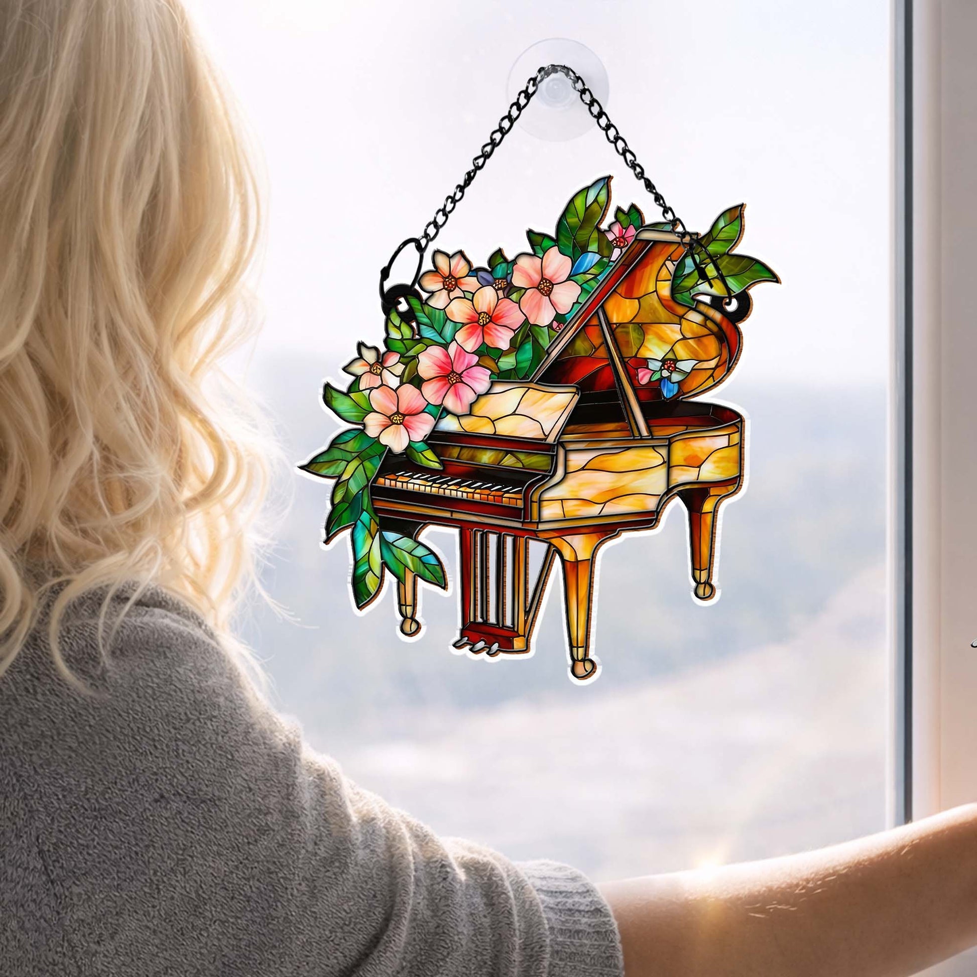Music Is The Harmony Of The Soul Stained Glass Piano And Flowers