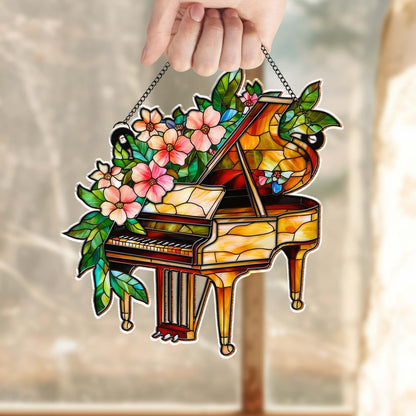 Music Is The Harmony Of The Soul Stained Glass Piano And Flowers