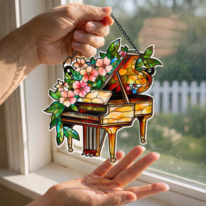 Music Is The Harmony Of The Soul Stained Glass Piano And Flowers