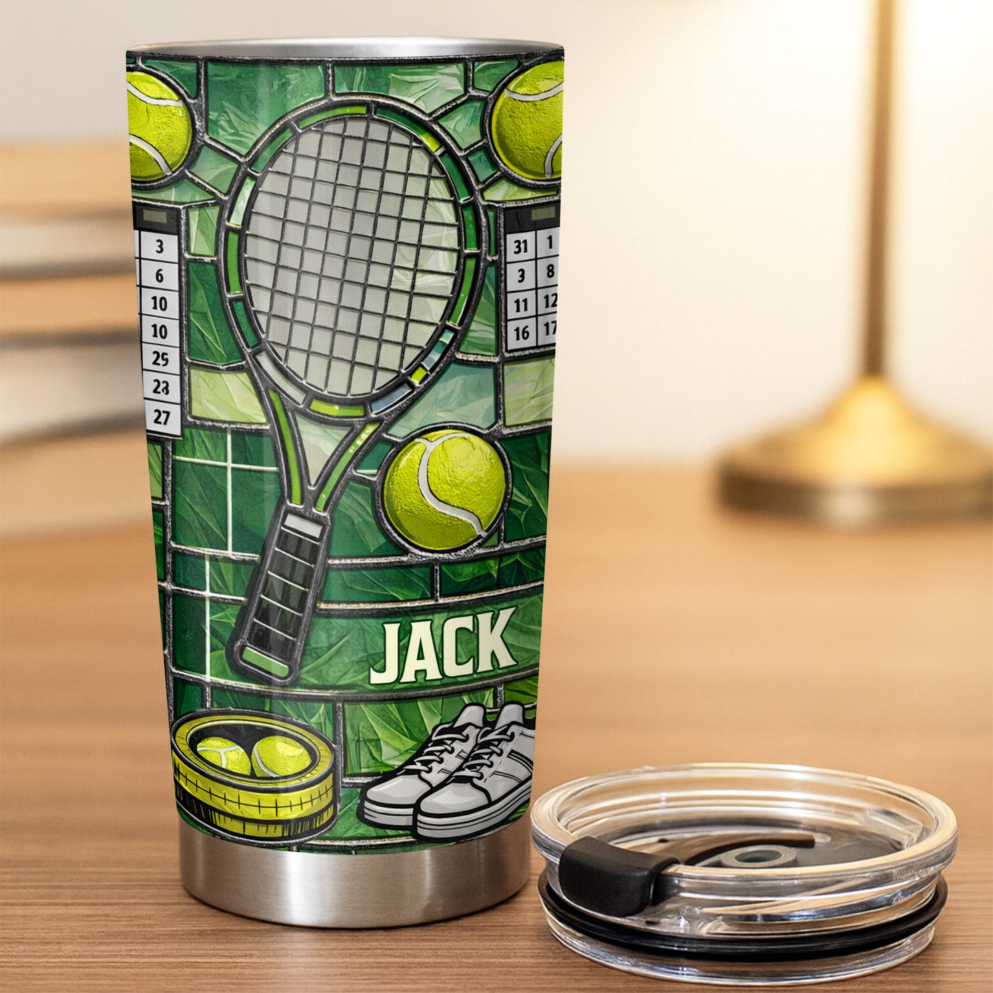 Serving Up Greatness With Tennis Racket And Balls Stained Glass Art