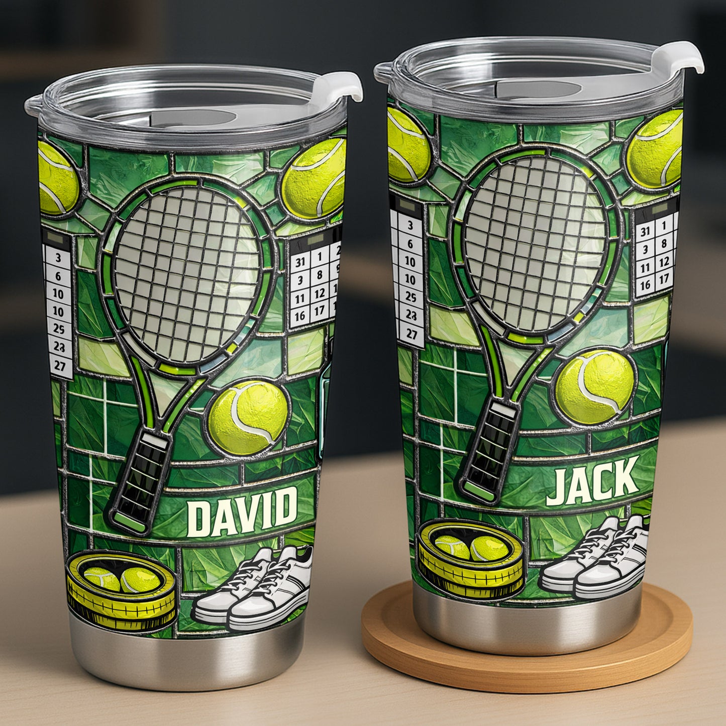 Serving Up Greatness With Tennis Racket And Balls Stained Glass Art
