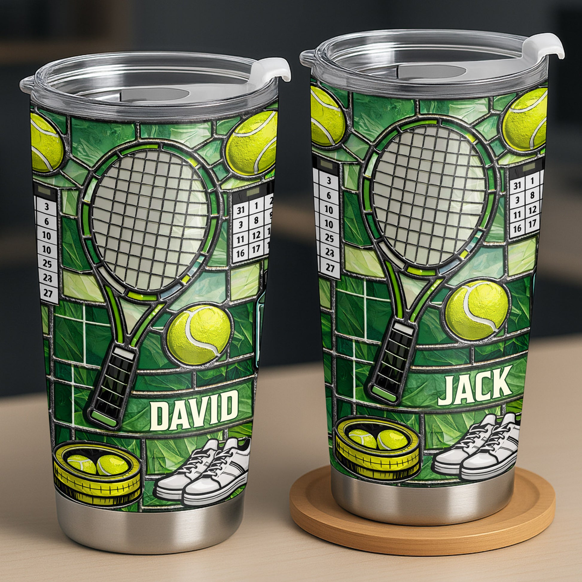 Serving Up Greatness With Tennis Racket And Balls Stained Glass Art