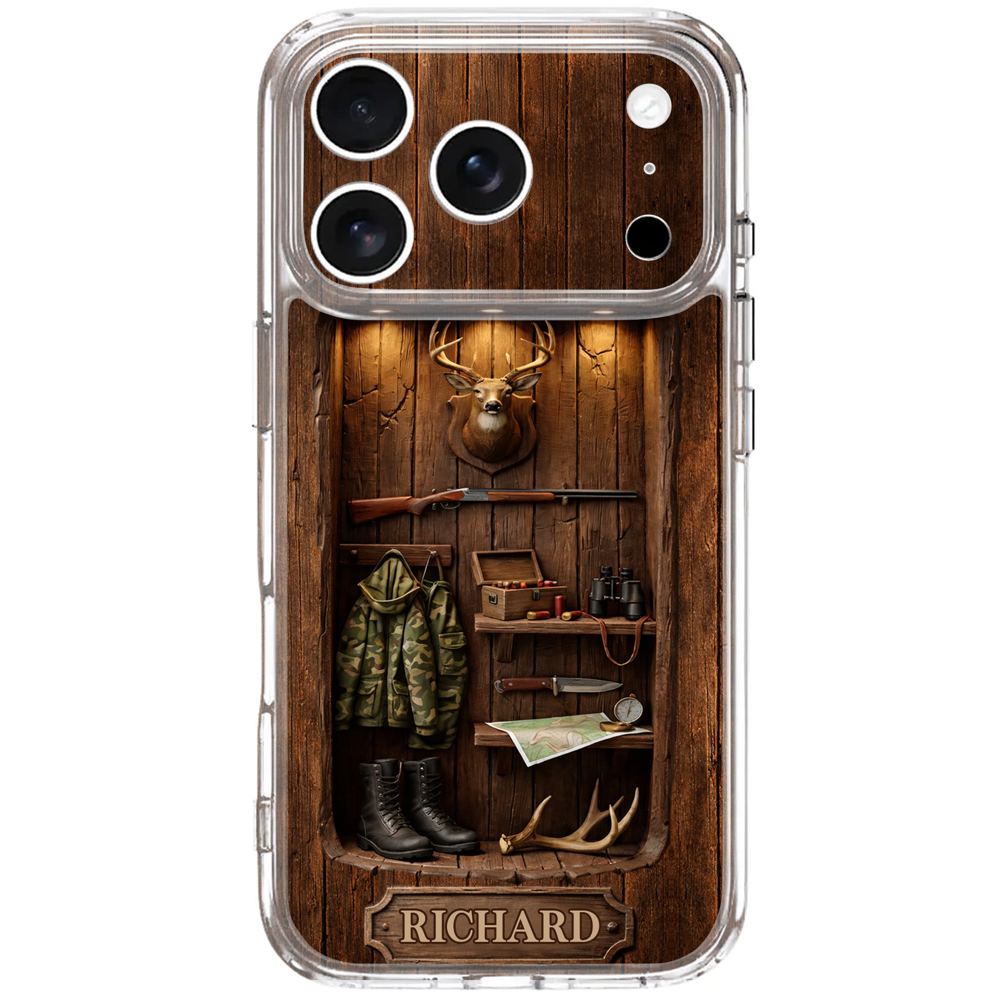 Hunter Sanctuary With Deer Head And Rifle Wood Cabin Style