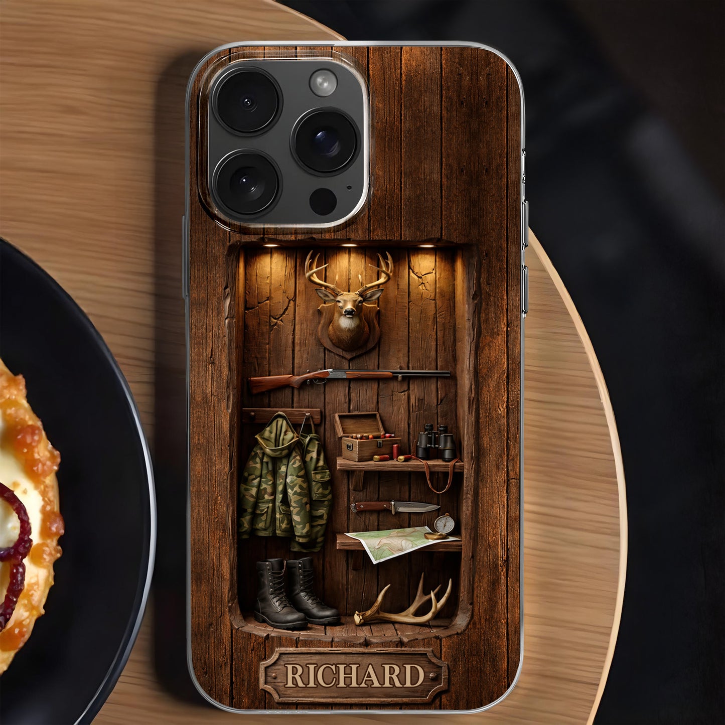 Hunter Sanctuary With Deer Head And Rifle Wood Cabin Style