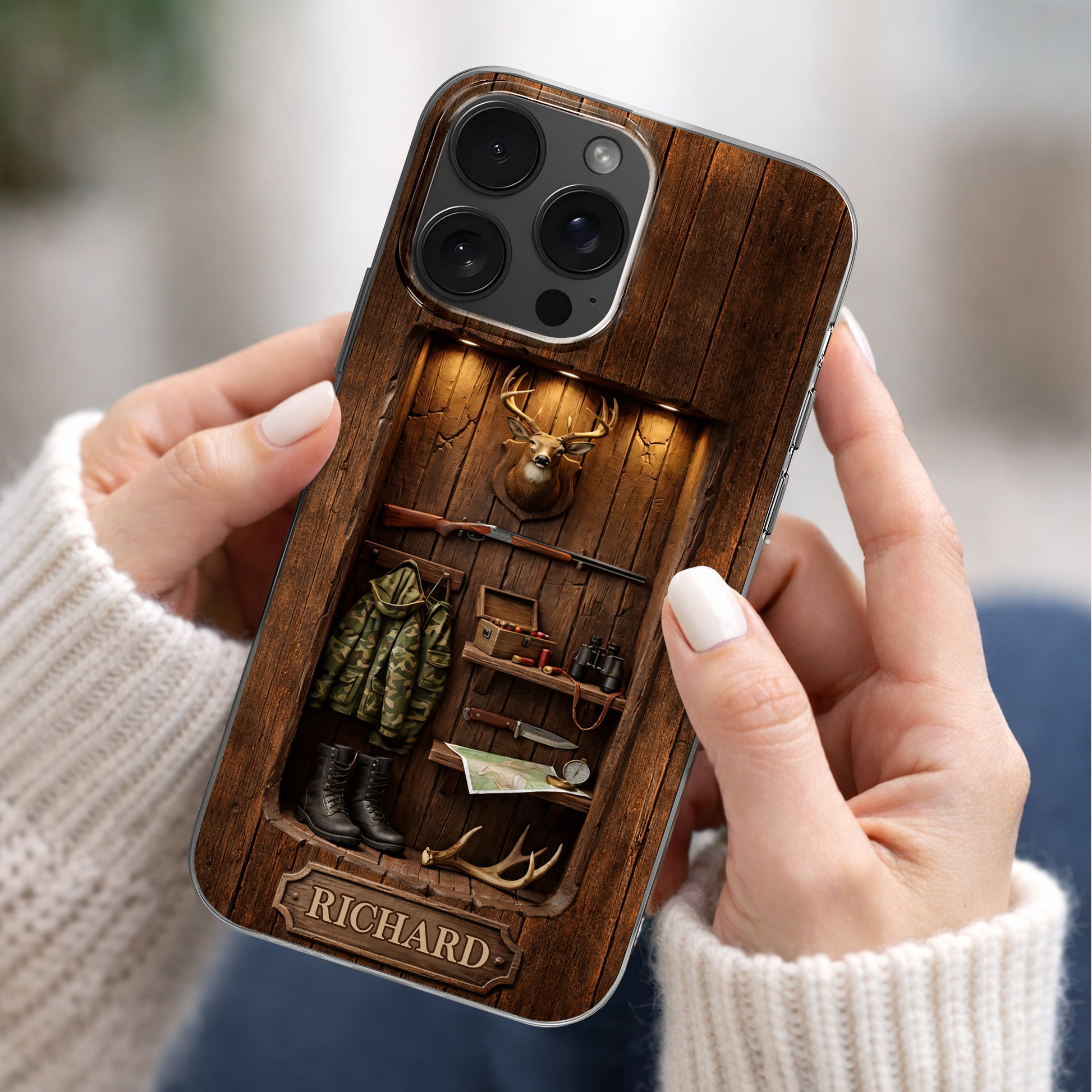 Hunter Sanctuary With Deer Head And Rifle Wood Cabin Style