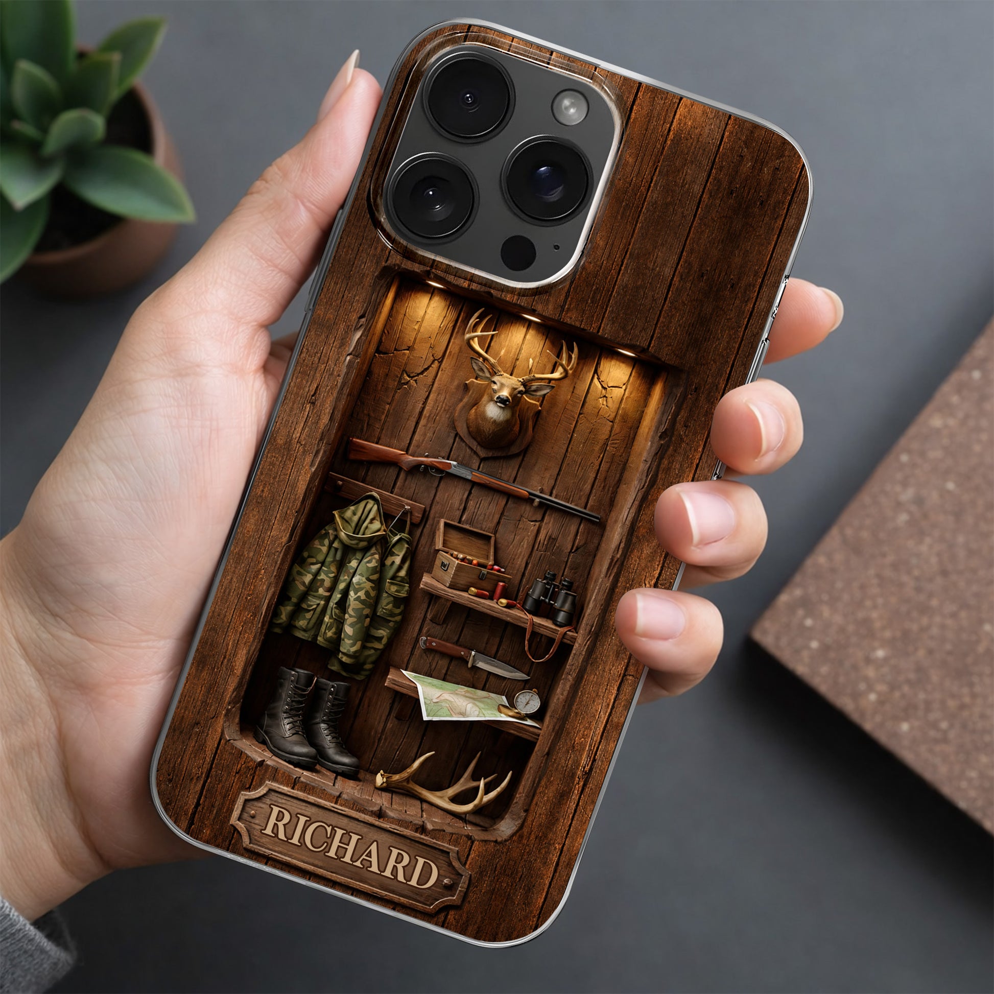 Hunter Sanctuary With Deer Head And Rifle Wood Cabin Style