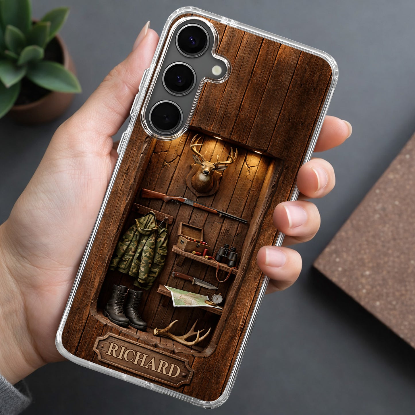 Hunter Sanctuary With Deer Head And Rifle Wood Cabin Style