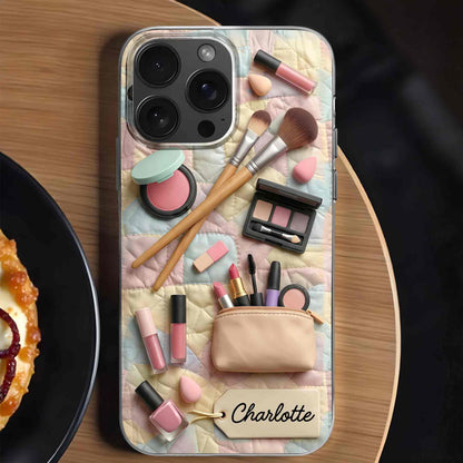 Stay Fabulous Daily Makeup Essentials And Cosmetic Bag On Quilt