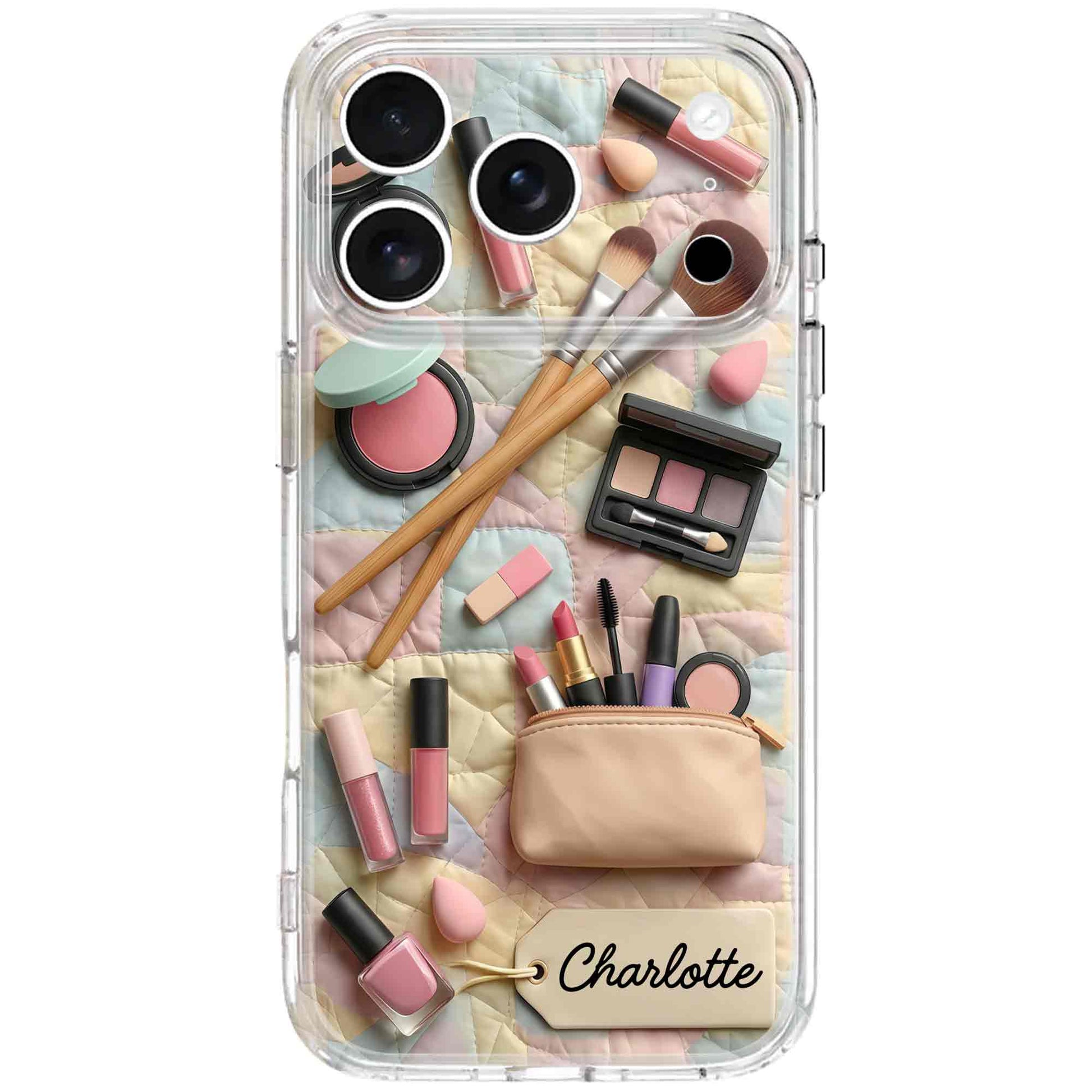 Stay Fabulous Daily Makeup Essentials And Cosmetic Bag On Quilt