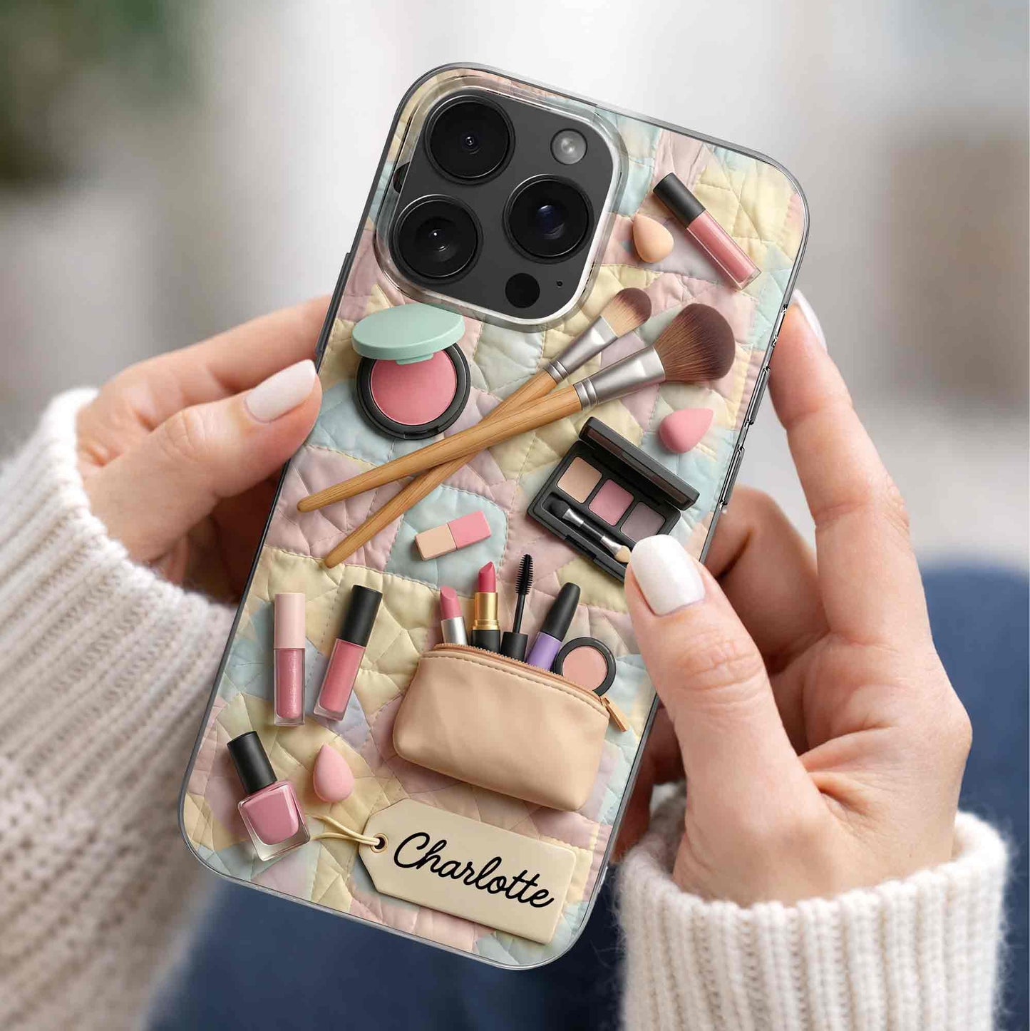 Stay Fabulous Daily Makeup Essentials And Cosmetic Bag On Quilt