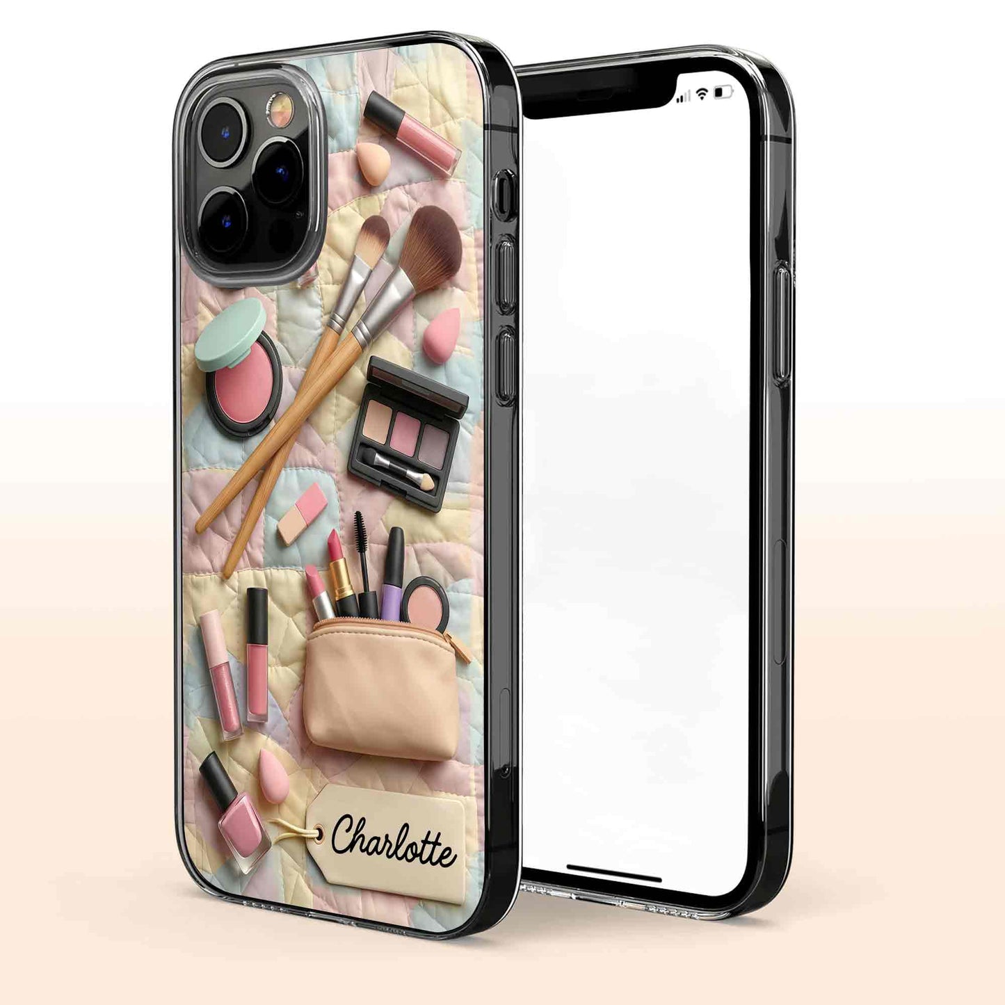 Stay Fabulous Daily Makeup Essentials And Cosmetic Bag On Quilt