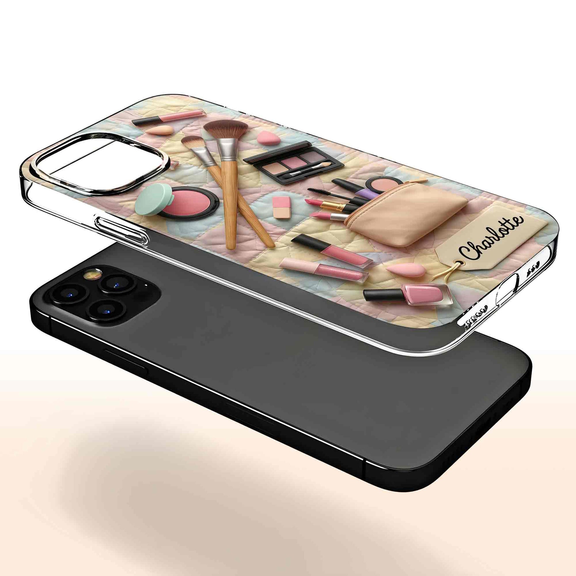 Stay Fabulous Daily Makeup Essentials And Cosmetic Bag On Quilt