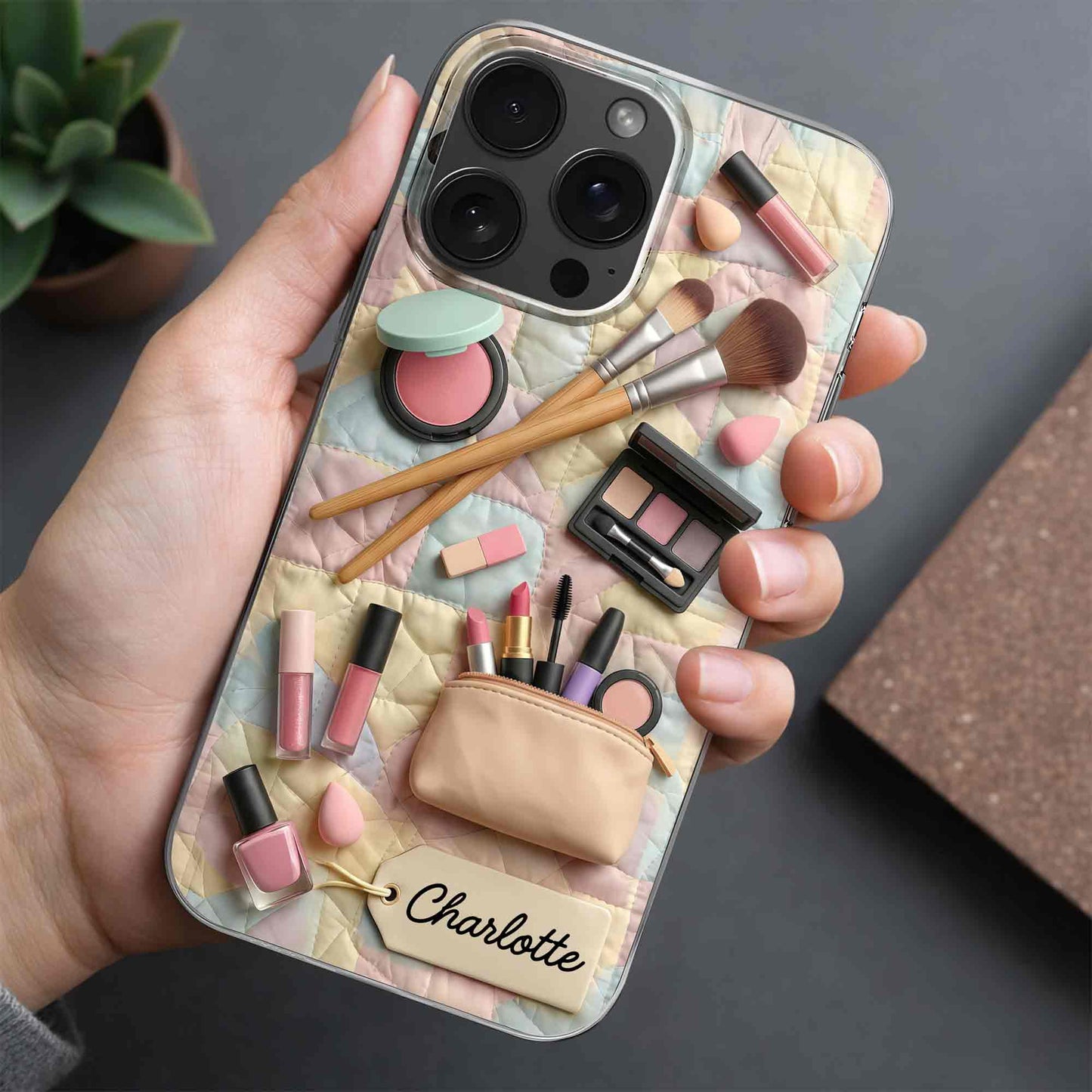 Stay Fabulous Daily Makeup Essentials And Cosmetic Bag On Quilt