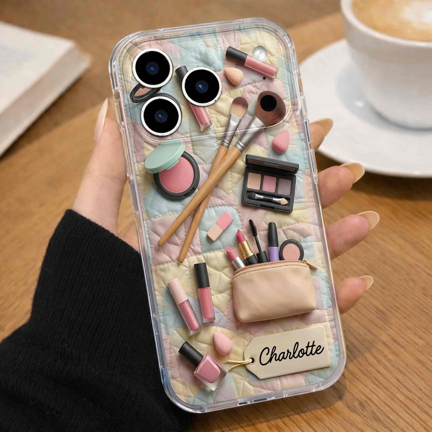 Stay Fabulous Daily Makeup Essentials And Cosmetic Bag On Quilt